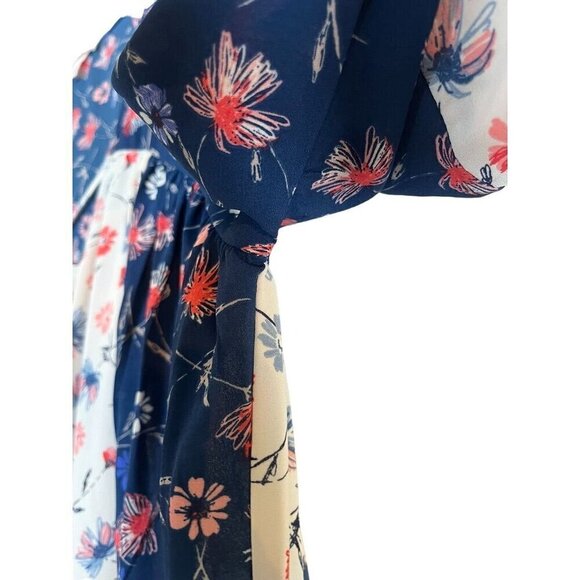 DR2 Top M Blue Floral Boho Western Patchwork Coastal Hippie Peasant Neutral - Picture 6 of 13